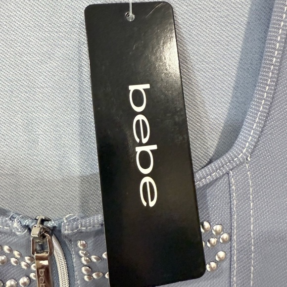 bebe Women Front Zip Scoop Neck Short Sleeve Logo Bodycon Knit Dress Blue Size S - Picture 6 of 8